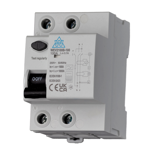 WEV2100B-100 - 2 Pole 100A B-Type RCD with 100mA Trip
