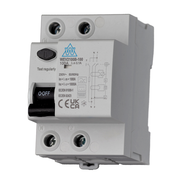 WEV2100B-100 - 2 Pole 100A B-Type RCD with 100mA Trip