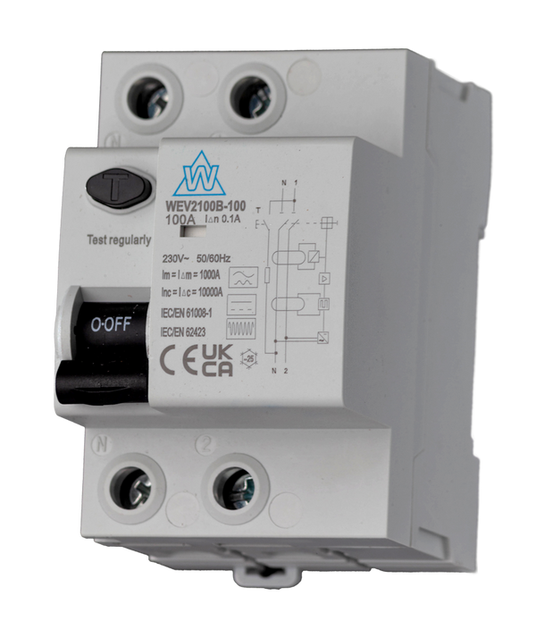 WEV2100B-100 - 2 Pole 100A B-Type RCD with 100mA Trip WEV2100B-100 - 2 Pole 100A B-Type RCD with 100mA Trip