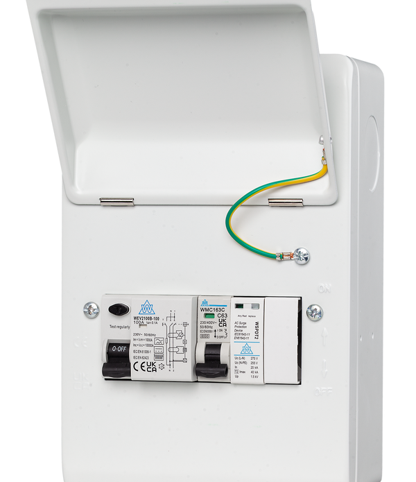 WME06/SP-B10063 - 6 Way Metal Unit with 100A B Type RCD & 63A MCB WME06/SP-B10063 - 6 Way Metal Unit with 100A B Type RCD & 63A MCB
