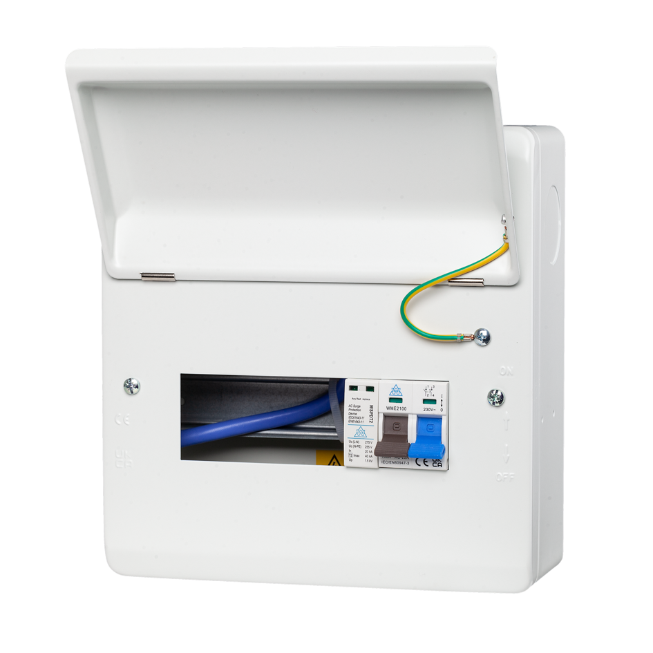 Whitecliffe WME08/SP metal consumer unit with main switch, surge protection and vacant outgoing ways.