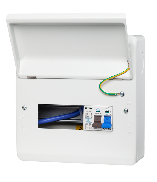 WME 8 Module Surge Protected Metal Enclosure – 100A Main Switch + SPD (WME08/SP) WME 8 Module Surge Protected Metal Enclosure – 100A Main Switch + SPD (WME08/SP)