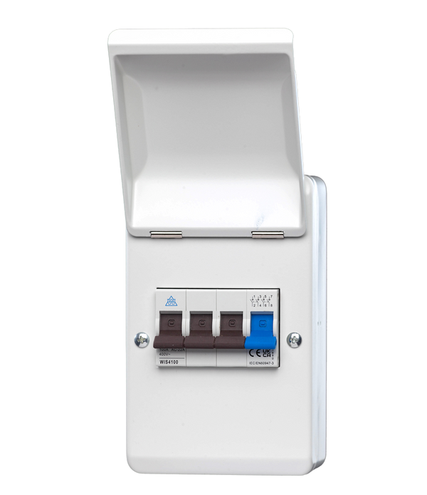 WME44100 4 Way IP40 Metal Enclosure with 4 Pole 100A Main Switch WME44100 4 Way IP40 Metal Enclosure with 4 Pole 100A Main Switch