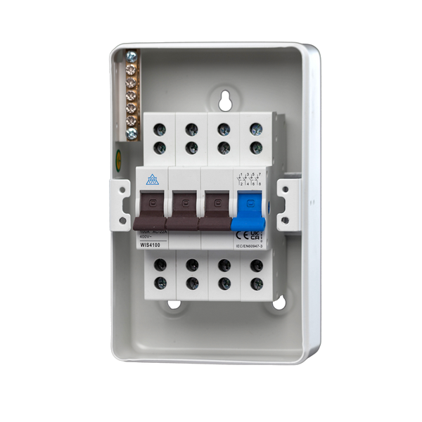 WME44100 4 Way IP40 Metal Enclosure with 4 Pole 100A Main Switch