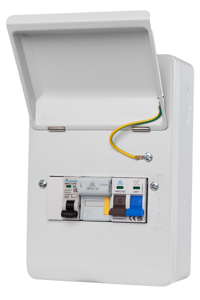 WME06/FM40 - 6-Way Metal Enclosure with 2 Pole 100A Main Switch, 40A MCB & 63A Fuse & Holder