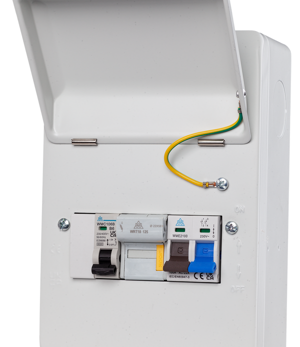 WME06/FM40 - 6-Way Metal Enclosure with 2 Pole 100A Main Switch, 40A MCB & 63A Fuse & Holder WME06/FM40 - 6-Way Metal Enclosure with 2 Pole 100A Main Switch, 40A MCB & 63A Fuse & Holder
