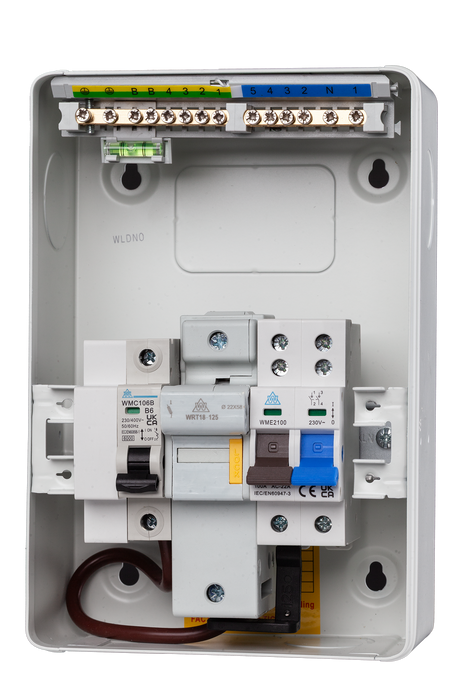WME06/FM40 - 6-Way Metal Enclosure with 2 Pole 100A Main Switch, 40A MCB & 63A Fuse & Holder