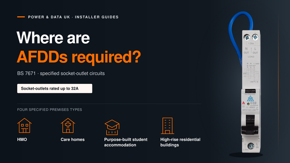 Where are AFDDs required? Four specified premises categories and the socket-outlet circuit scope under BS 7671.
