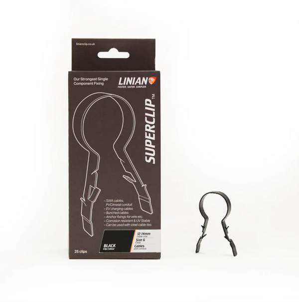 Linian SuperClip Black 12–14mm / 15–18mm – Fire-Rated Cable Fixing Clip (Pack of 25)