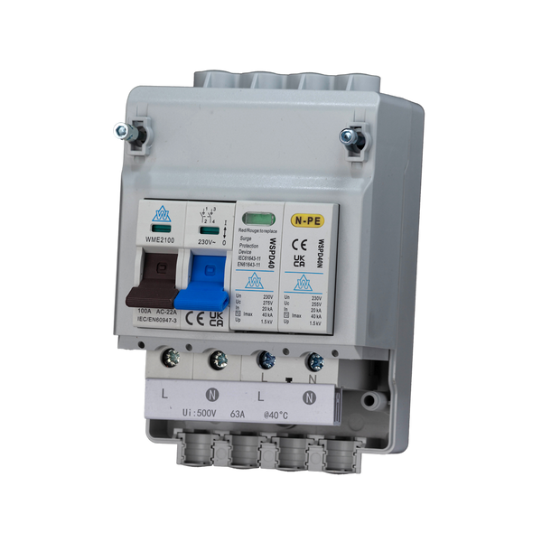 4 Way Mini Plastic Enclosure with 100A Main Switch & Type 1/2 Surge Protection