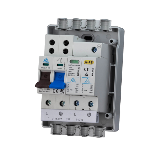 4 Way Mini Plastic Enclosure with 100A Main Switch & Type 1/2 Surge Protection