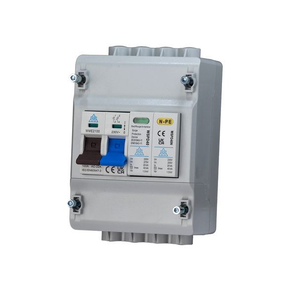 4 Way Mini Plastic Enclosure with 100A Main Switch & Type 1/2 Surge Protection