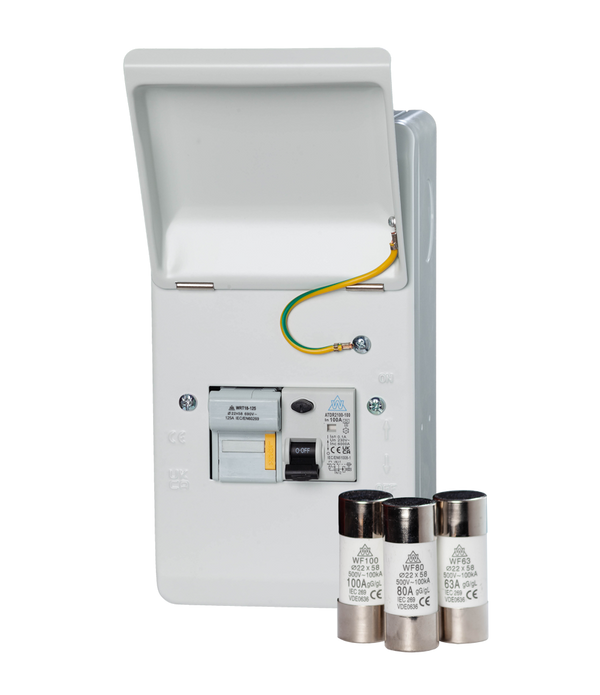 Metal Switch Time Delayed RCD 125A with Fuseholder & 3 x Fuses - WFMSRT00-3F