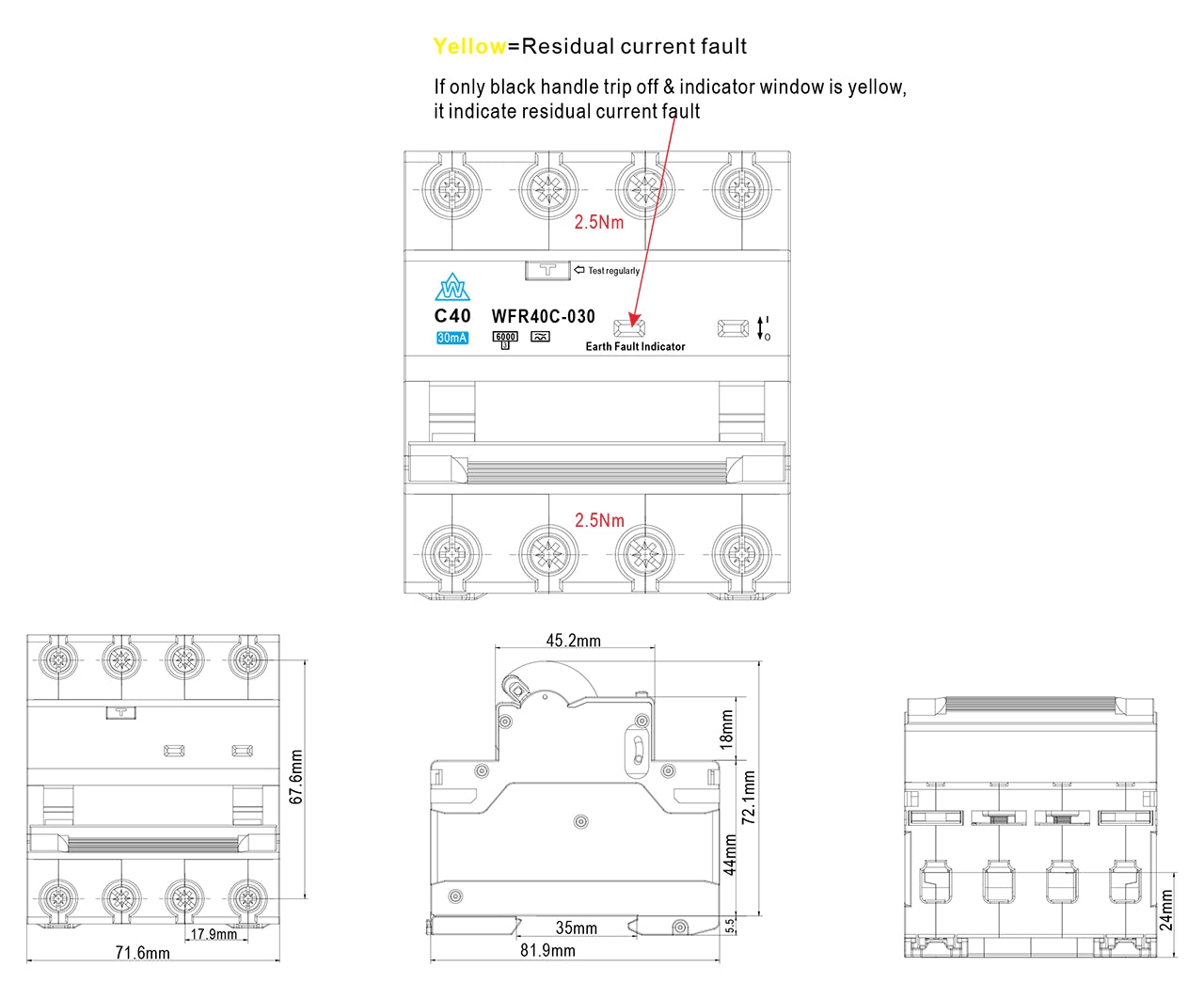 4 Pole RCBO – 40A C Curve, Type A, 30mA (WRP440C-030)