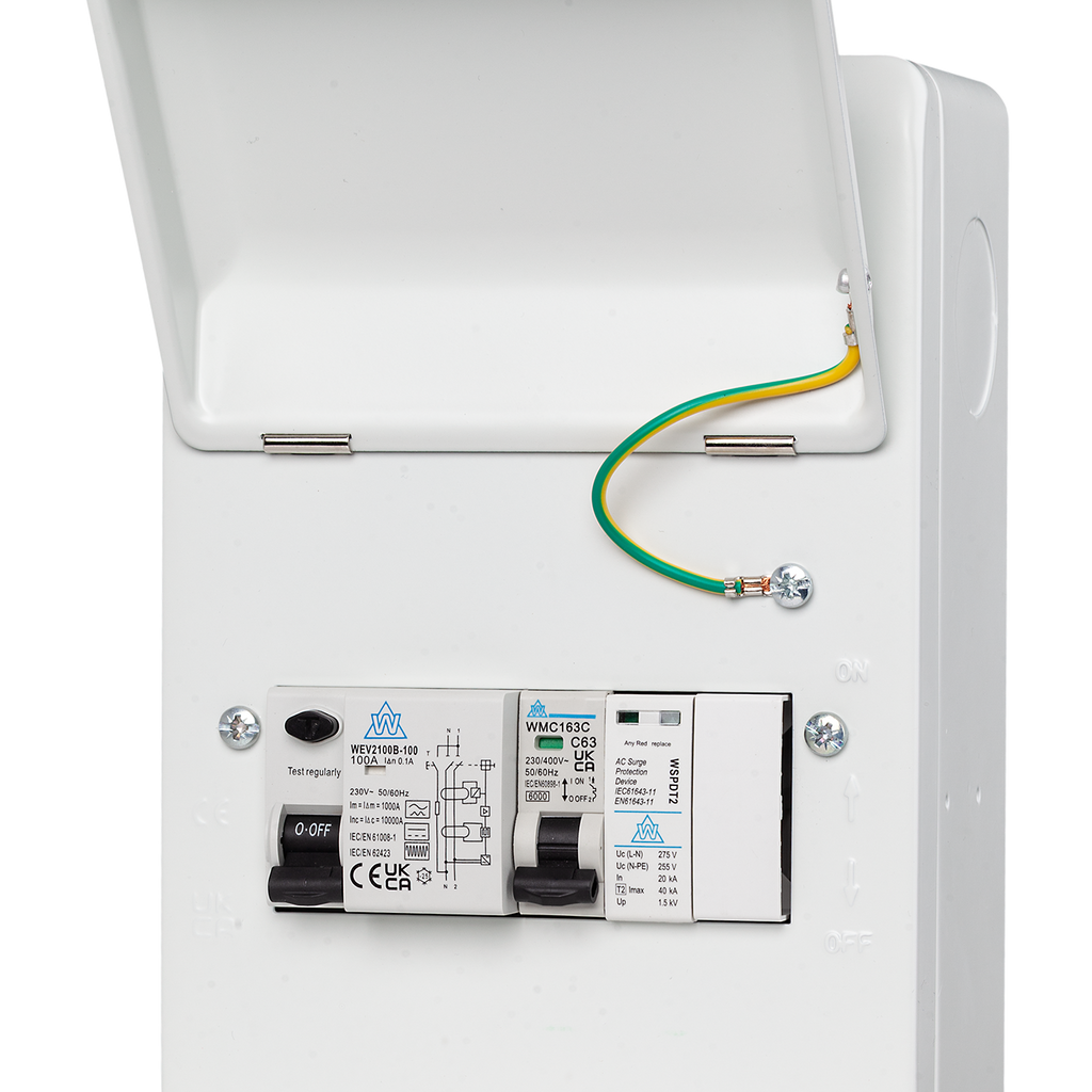 WME06/SP-B10063 - 6 Way Metal Unit with 100A B Type RCD & 63A MCB