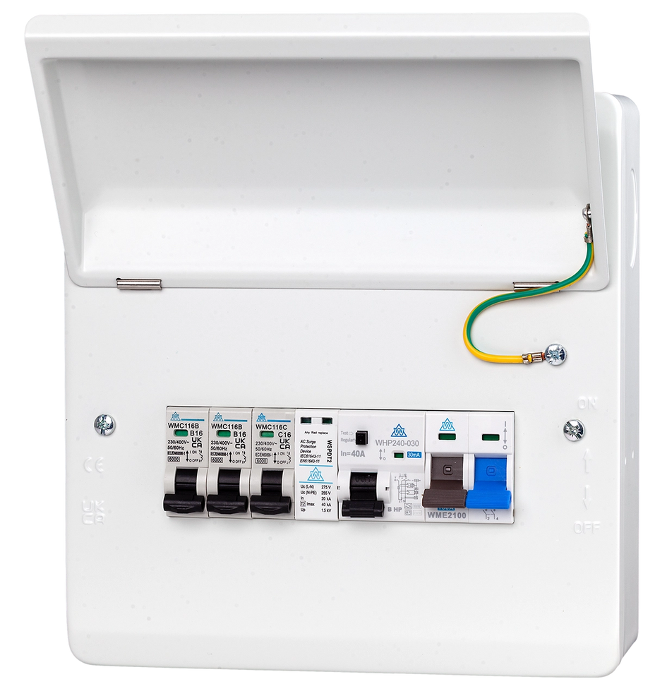 Whitecliffe WME08/HP40C heat-pump consumer unit with Type B HP RCD and surge protection.