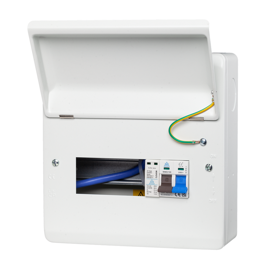 Original Whitecliffe WME08/SP consumer unit enclosure with main switch and surge protection