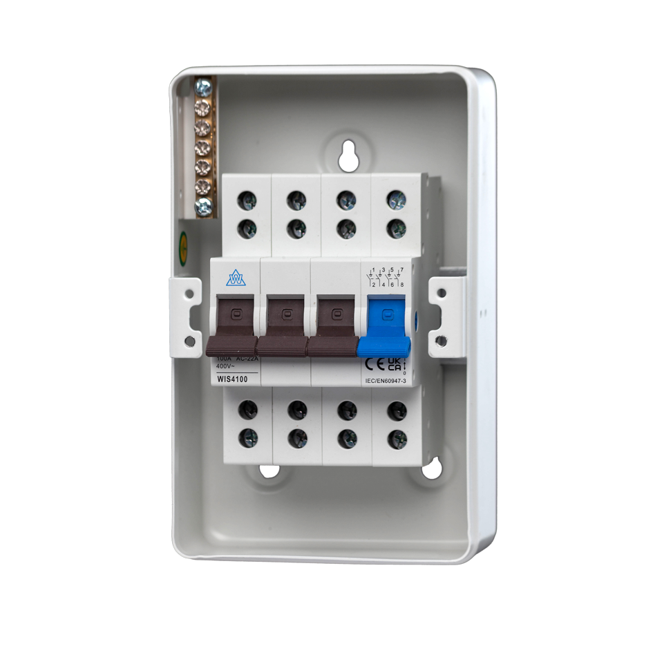 WME44100 4 Way IP40 Metal Enclosure with 4 Pole 100A Main Switch