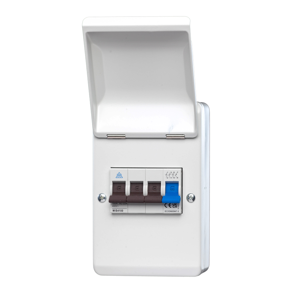 WME44100 4 Way IP40 Metal Enclosure with 4 Pole 100A Main Switch