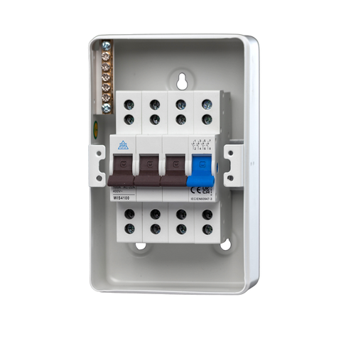 WME44100 4 Way IP40 Metal Enclosure with 4 Pole 100A Main Switch