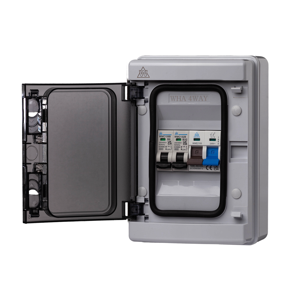 IP65 Plastic Garage Enclosure – 100A Main Switch + 6A / 16A MCBs (WPMS04/616)