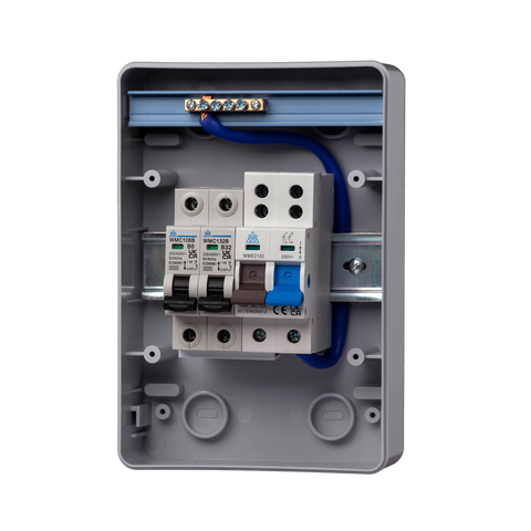 IP65 Plastic Garage Enclosure – 100A Main Switch + 6A / 16A MCBs (WPMS04/616)