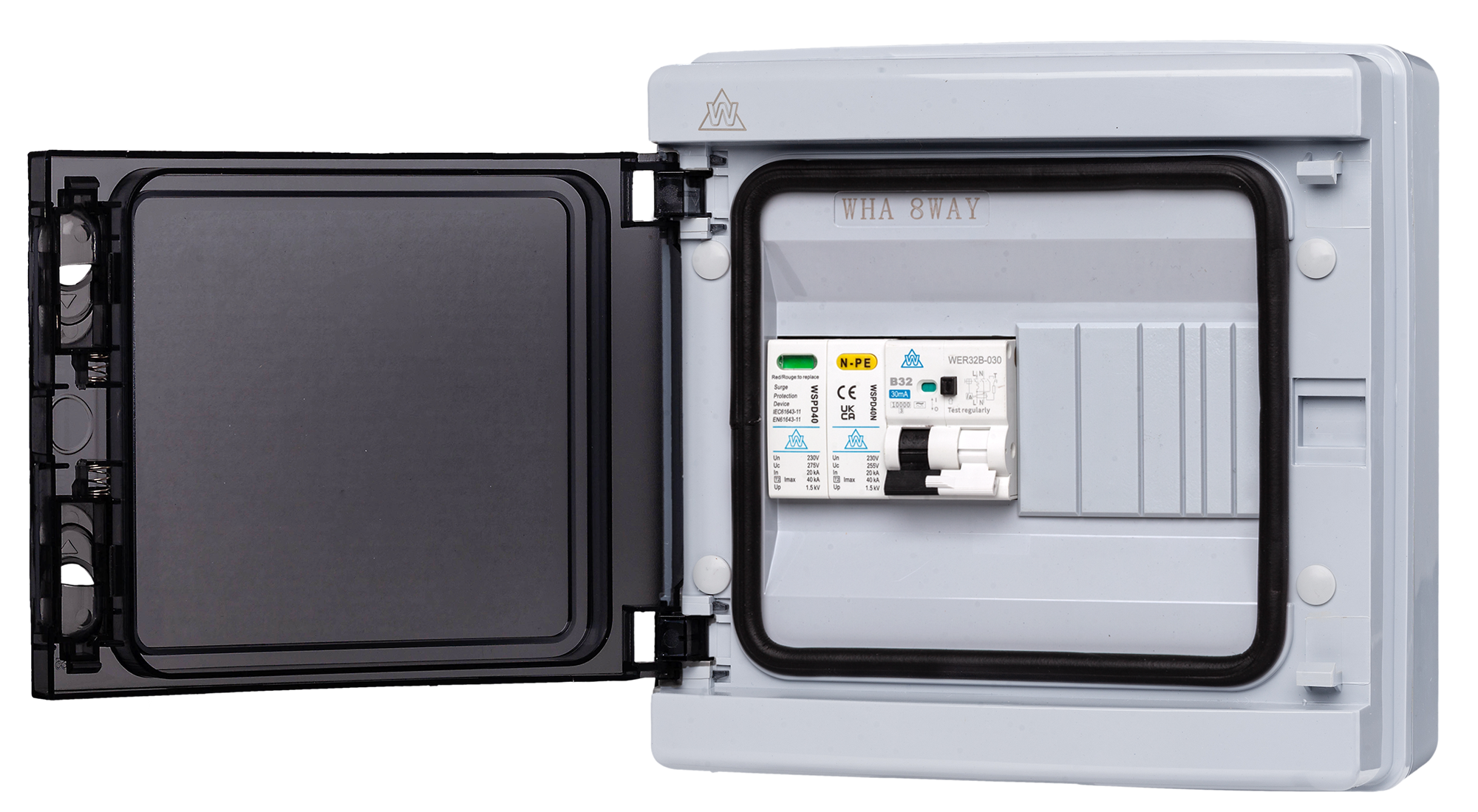 8 Way IP65 Enclosure – 32A C Curve Type A RCBO + Surge Protection (WPRC32CSP/8)