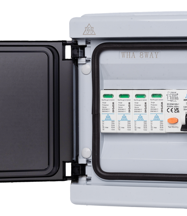 3 Phase Surge Protection Device Unit with 8 Way Plastic IP65 enclosure (RCBO/MCB variants)