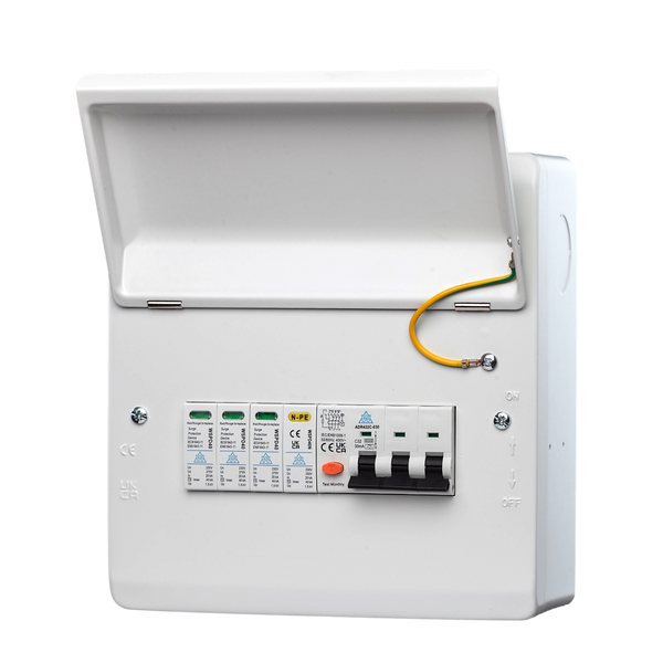 3 Phase Surge Protection Device Unit with 8 Way Metal IP40 enclosure (RCD/RCBO/MCB variants)