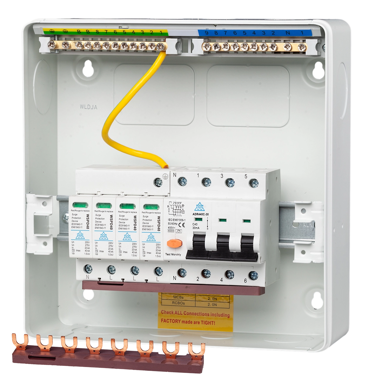3 Phase Surge Protection Device Unit with 8 Way Metal IP40 enclosure 40A MCB