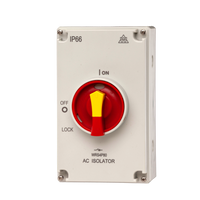 AC isolator switch with red and yellow button on a white background