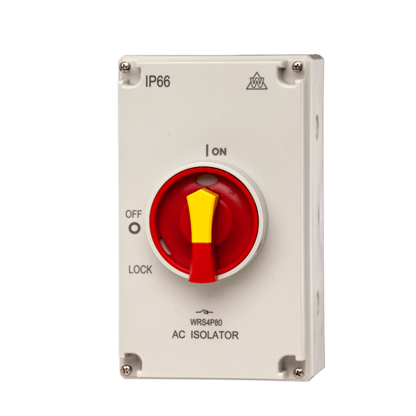 AC isolator switch with red and yellow button on a white background