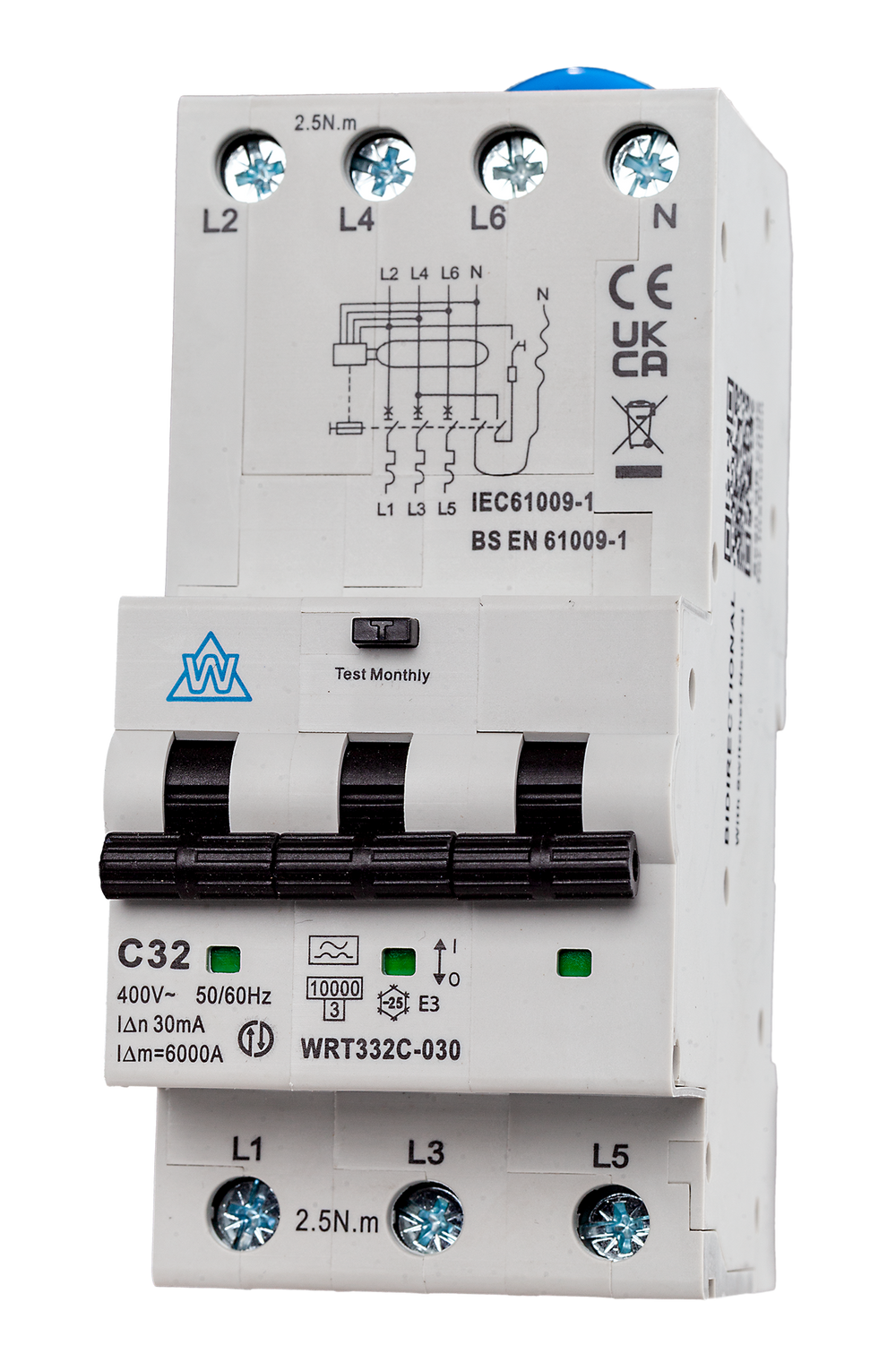 3-Pole Type A RCBO – 32A B Curve 30mA 10kA (WRT332B-030)