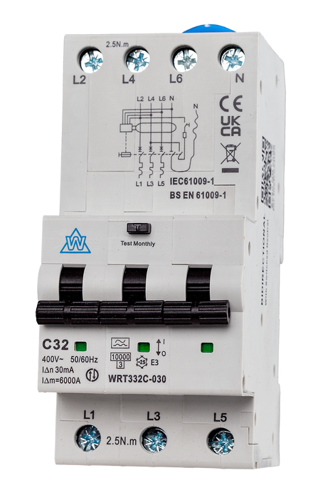 3-Pole Type A RCBO – 32A B Curve 30mA 10kA (WRT332B-030)