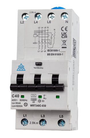 3-Pole Type A RCBO – 32A B Curve 30mA 10kA (WRT332B-030)