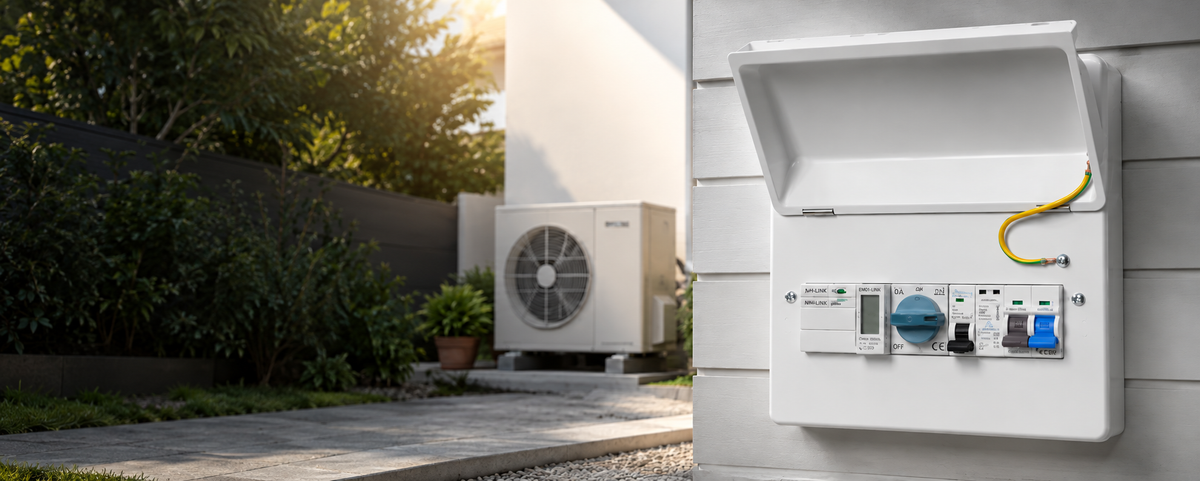 Heat pump consumer unit beside an outdoor installation