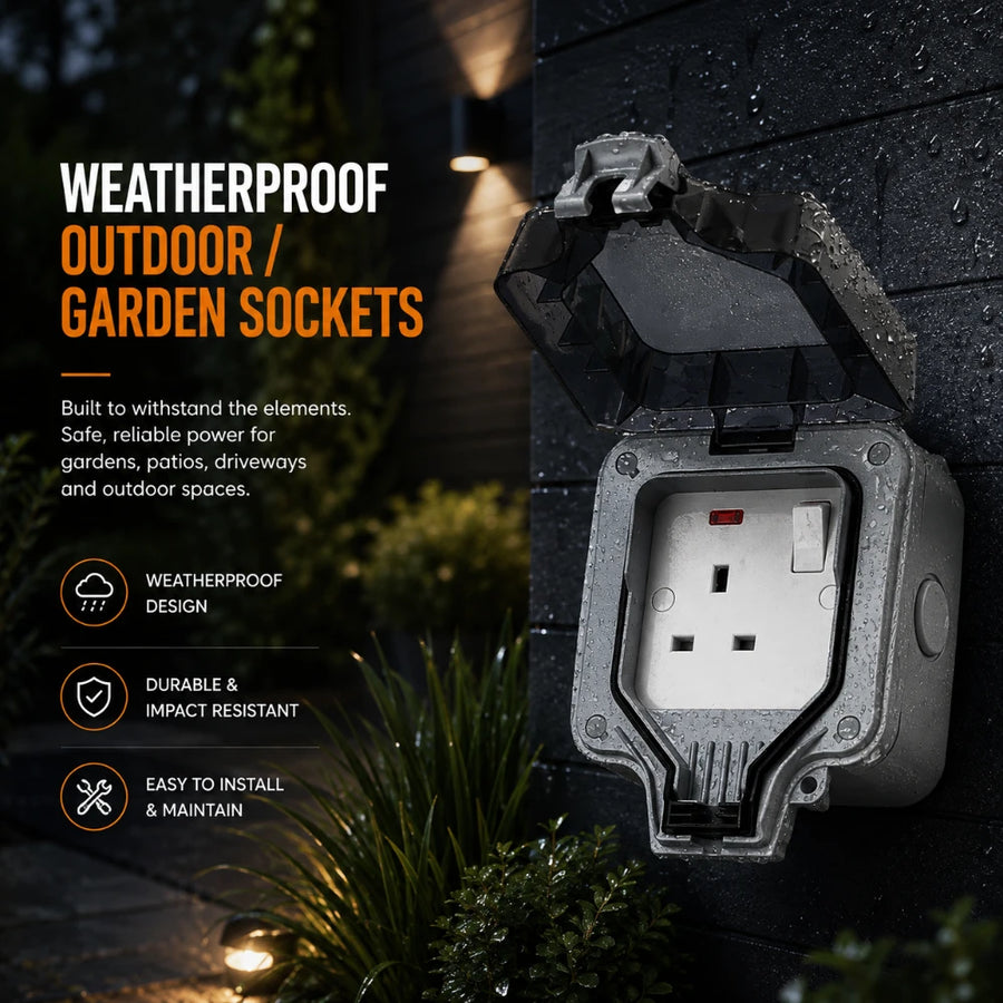 Weatherproof outdoor socket on a garden wall