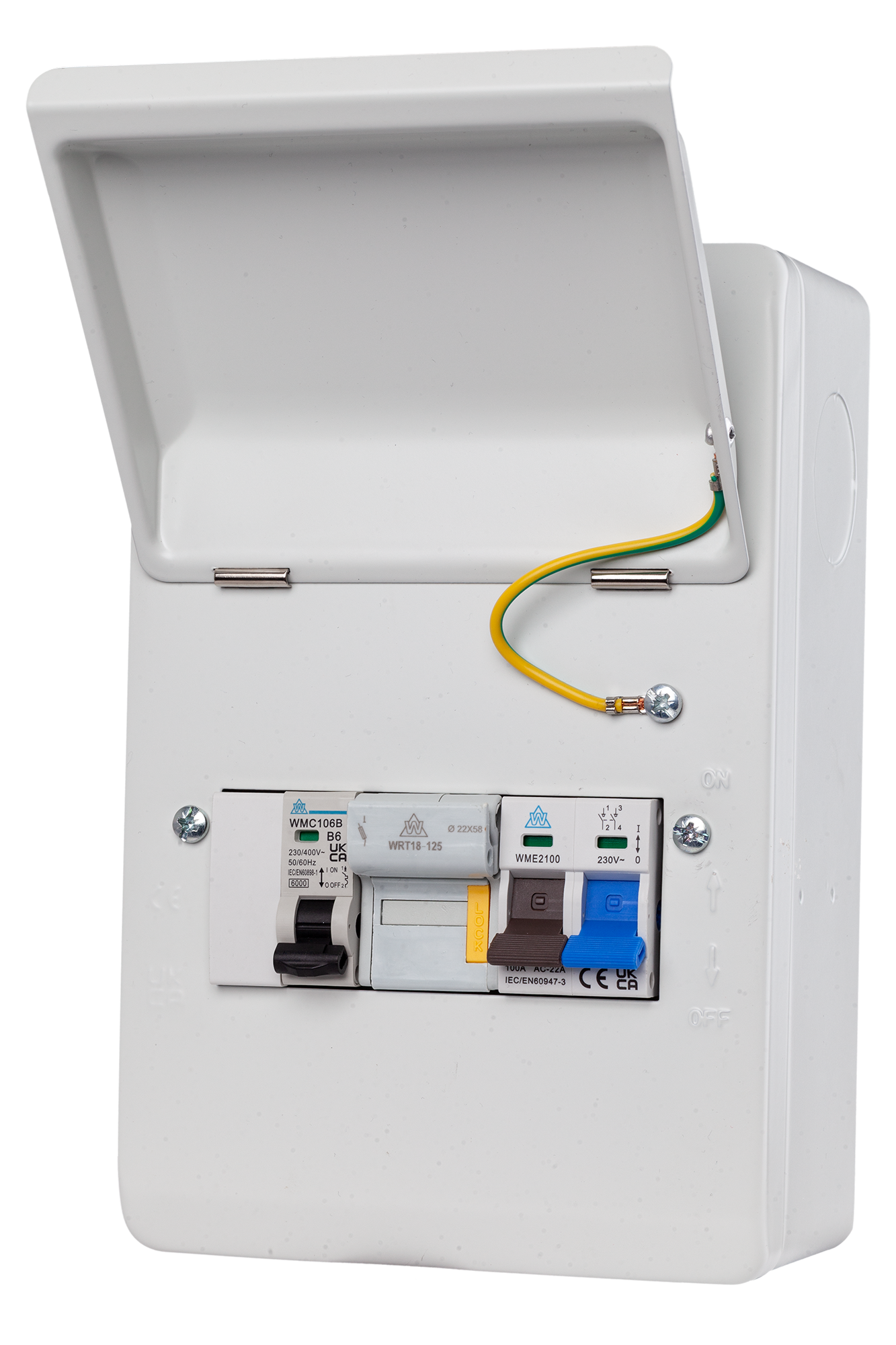 WME06/FM40 - 6-Way Metal Enclosure with 2 Pole 100A Main Switch, 40A MCB & 63A Fuse & Holder