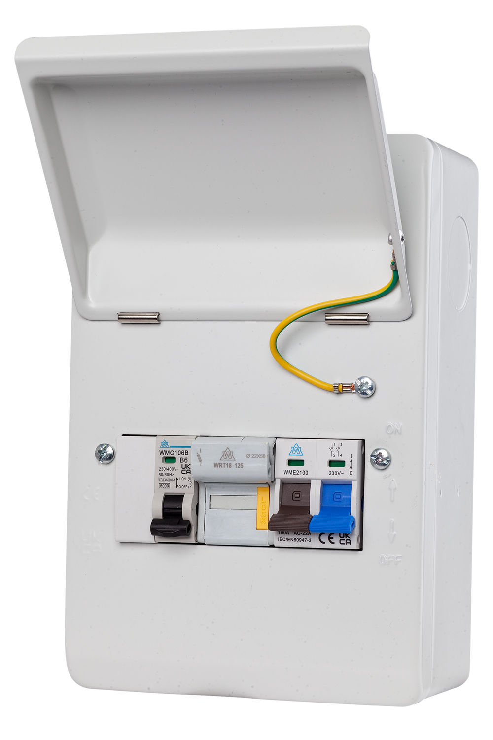 WME06/FM40 - 6-Way Metal Enclosure with 2 Pole 100A Main Switch, 40A MCB & 63A Fuse & Holder