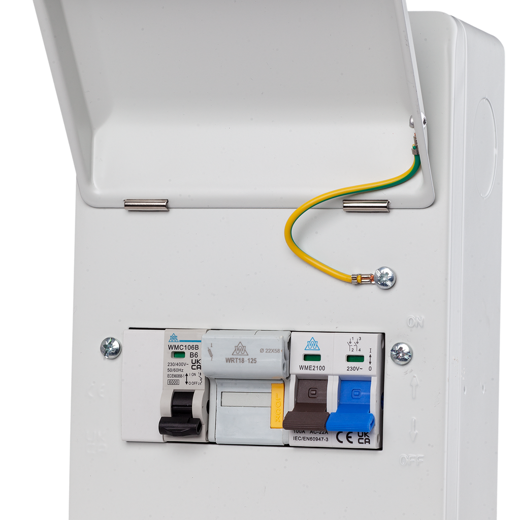WME06/FM40 - 6-Way Metal Enclosure with 2 Pole 100A Main Switch, 40A MCB & 63A Fuse & Holder