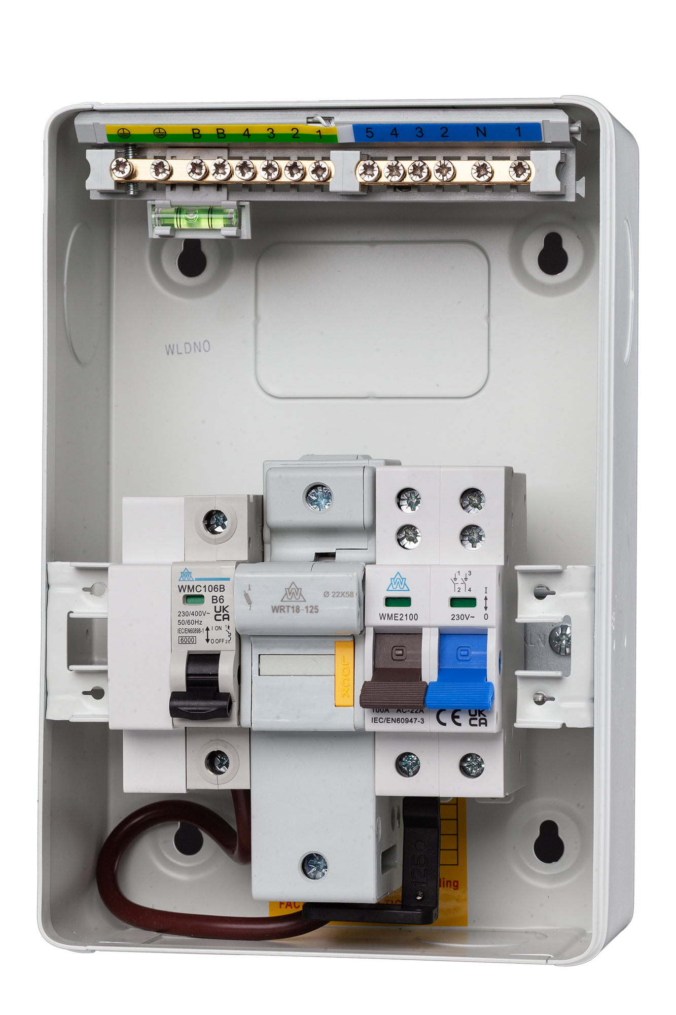 WME06/FM40 - 6-Way Metal Enclosure with 2 Pole 100A Main Switch, 40A MCB & 63A Fuse & Holder