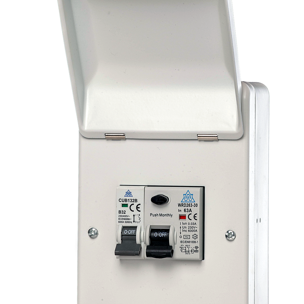 3 Way IP40 Metal Enclosure with 63A A Type RCD & 32A MCB (10kA)